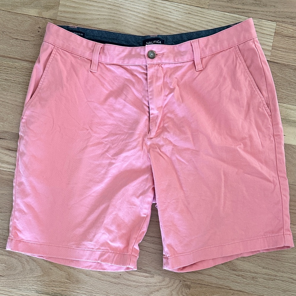 Nautica stretch Deck short/ classic fit flat front mens waist sz 34 salmon pink